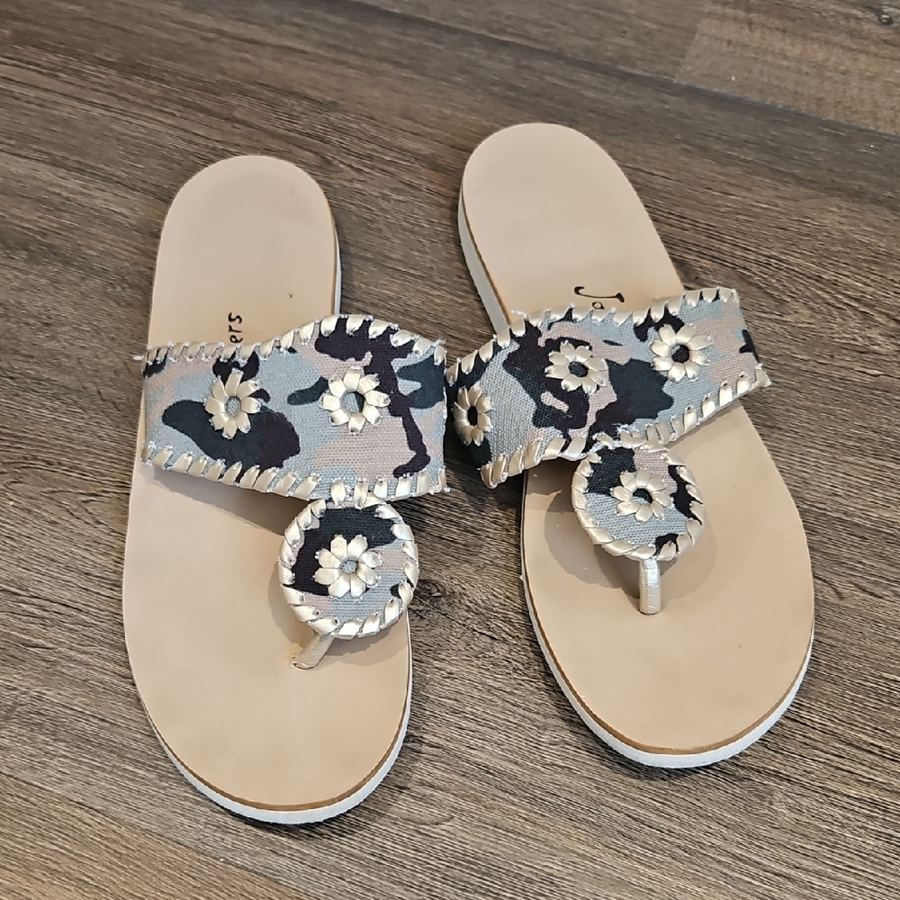 Jack Rogers CAMO  Slide Sandals in Beige and GREEN & GOLD, EUC, Sz 8